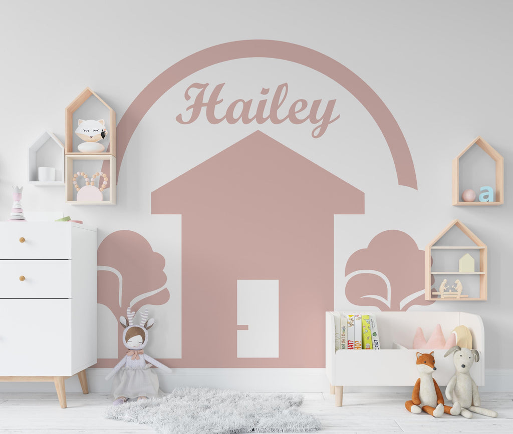 Big House Tree Custom Name Wall Decal Home Headboard Color Block, Boho Wall Decal, Bed Headboard Sticker, Arch Wall Decal, Nursery 419LU