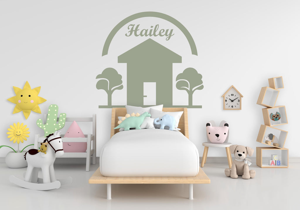 Big House Tree Custom Name Wall Decal Home Headboard Color Block, Boho Wall Decal, Bed Headboard Sticker, Arch Wall Decal, Nursery 419LU