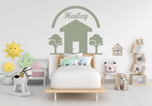 Load image into Gallery viewer, Big House Tree Custom Name Wall Decal Home Headboard Color Block, Boho Wall Decal, Bed Headboard Sticker, Arch Wall Decal, Nursery 419LU