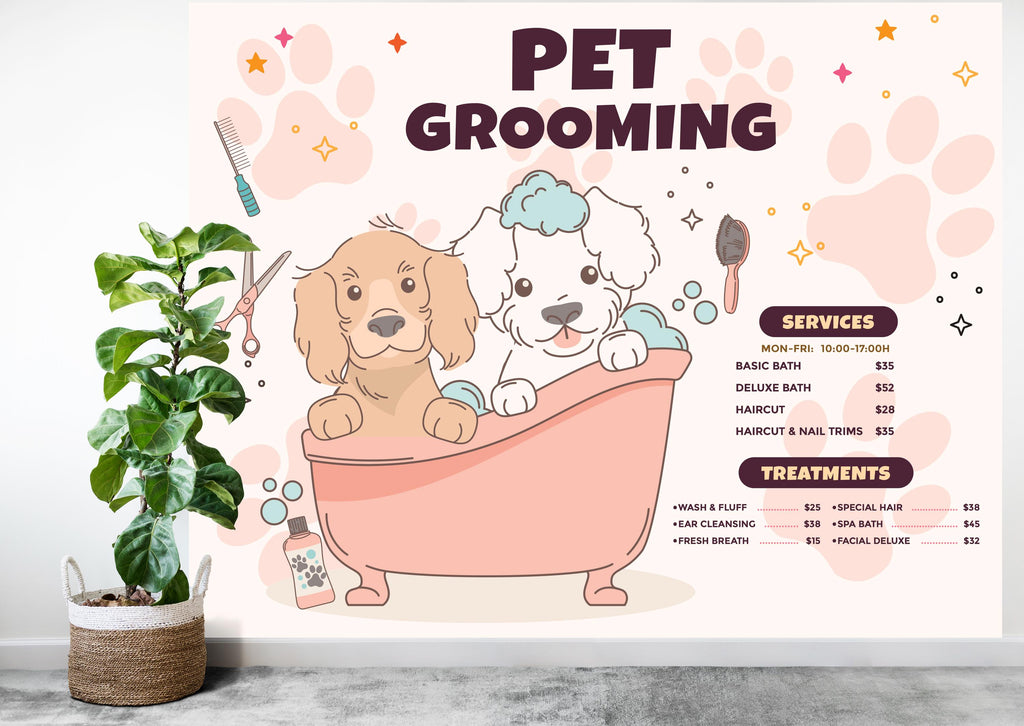 Pet Grooming Wall Graphics Peel and Stick Dog Cat Wallpaper Dog Grooming Self Adhesive Removable Pet Shop Veterinary Clinic Mural 472RS