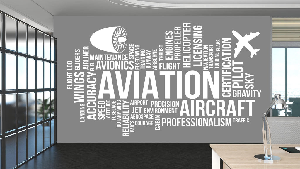 Aviation Vinyl Airplane Wall Decal, Aviation School Words, wings Decal, airplane Wall Art Gym Decor Gym Wall Decor Motivational Art 473RS
