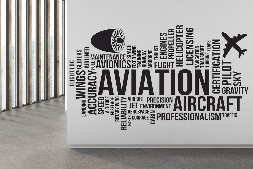 Aviation Vinyl Airplane Wall Decal, Aviation School Words, wings Decal, airplane Wall Art Gym Decor Gym Wall Decor Motivational Art 473RS