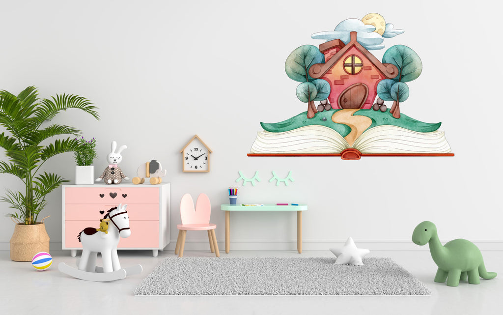 Library Book Fairytale House Tree Wall Art Decal, Library Wall Decal, Education Decals, Kids Room, Reading room, Nurseries, Kids Gifts 427LU