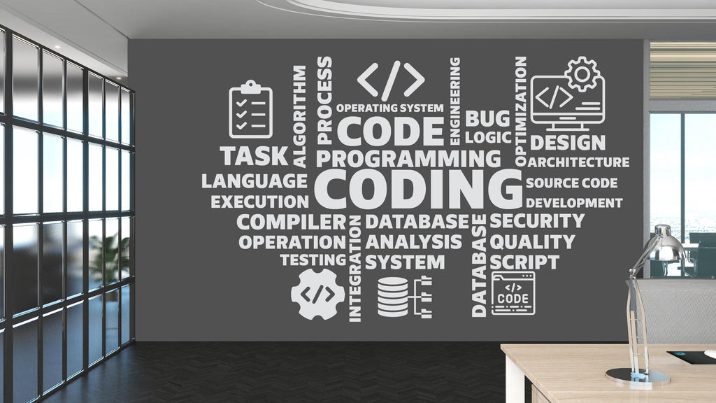 Coding Word Cloud Vinyl Wall Decal, Technology Office Decor