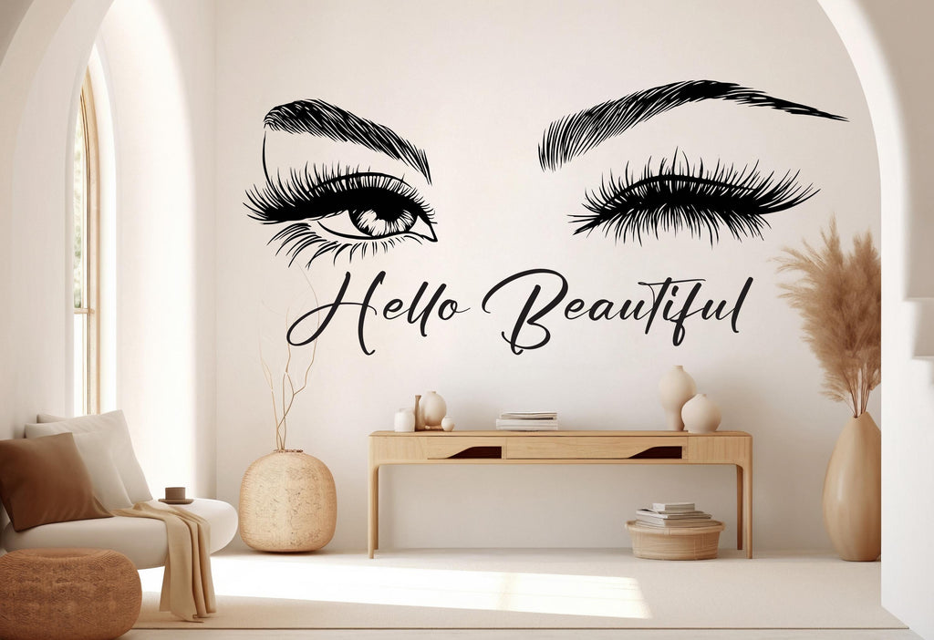 Hello Beautiful Eyelashes Wall Decal Beauty Salon Gifts Wall Decor Lashes Stickers SPA Women Make up Unique Gift 488RS