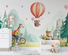 Load image into Gallery viewer, Animals kids Wallpaper, Nursery and Kids Room Mural Decor, Hot Balloon Giraffe Watercolor Wallpaper, Bear forest, kids room decor 462RS