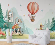 Load image into Gallery viewer, Animals kids Wallpaper, Nursery and Kids Room Mural Decor, Hot Balloon Giraffe Watercolor Wallpaper, Bear forest, kids room decor 462RS