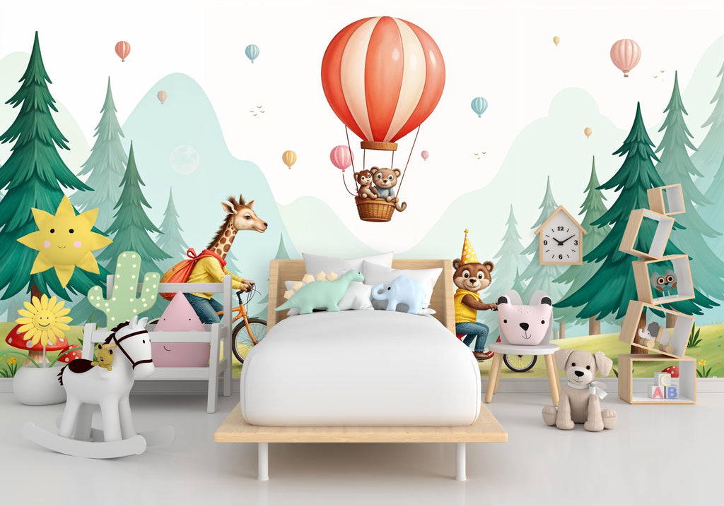 Animals kids Wallpaper, Nursery and Kids Room Mural Decor, Hot Balloon Giraffe Watercolor Wallpaper, Bear forest, kids room decor 462RS