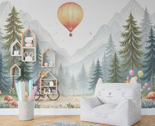 Load image into Gallery viewer, Animals kids Wallpaper, Nursery and Kids Room Mural Decor, Hot Balloon Giraffe Watercolor Wallpaper, Bear forest, kids room decor 463RS
