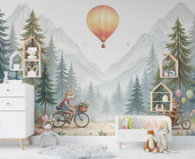 Load image into Gallery viewer, Animals kids Wallpaper, Nursery and Kids Room Mural Decor, Hot Balloon Giraffe Watercolor Wallpaper, Bear forest, kids room decor 463RS