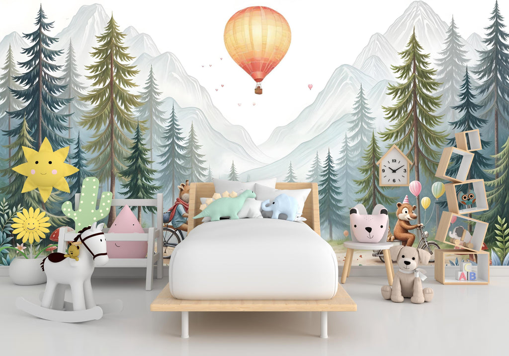 Animals kids Wallpaper, Nursery and Kids Room Mural Decor, Hot Balloon Giraffe Watercolor Wallpaper, Bear forest, kids room decor 463RS