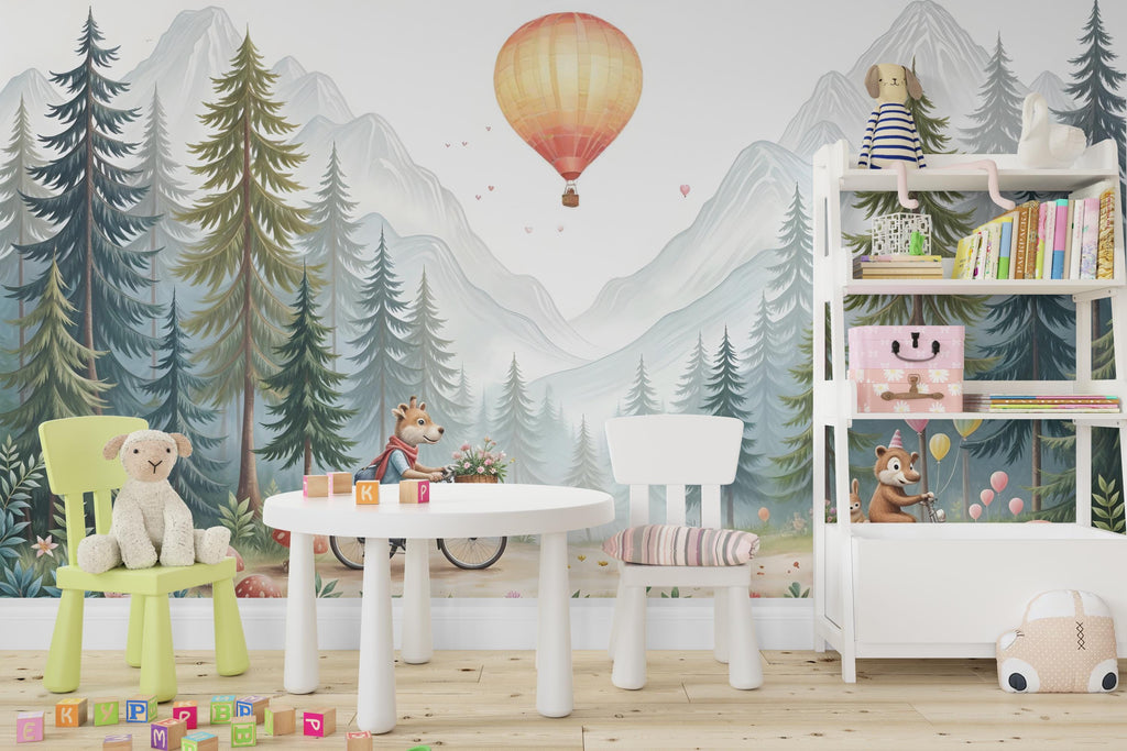 Animals kids Wallpaper, Nursery and Kids Room Mural Decor, Hot Balloon Giraffe Watercolor Wallpaper, Bear forest, kids room decor 463RS