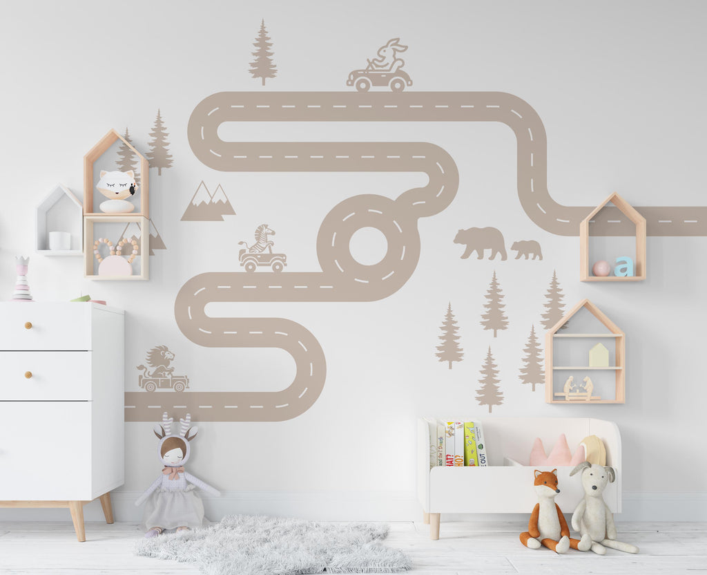 Road wind Wall Decal Highway Vinyl Sticker Track Route Wall Decor Kids Playroom Animals Boys Room Automotive Bedroom Mural Sticker 464RS