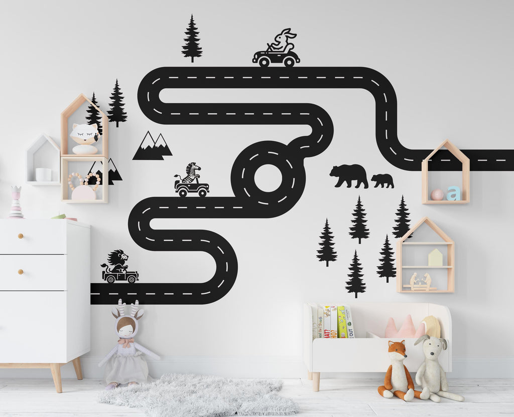 Road wind Wall Decal Highway Vinyl Sticker Track Route Wall Decor Kids Playroom Animals Boys Room Automotive Bedroom Mural Sticker 464RS