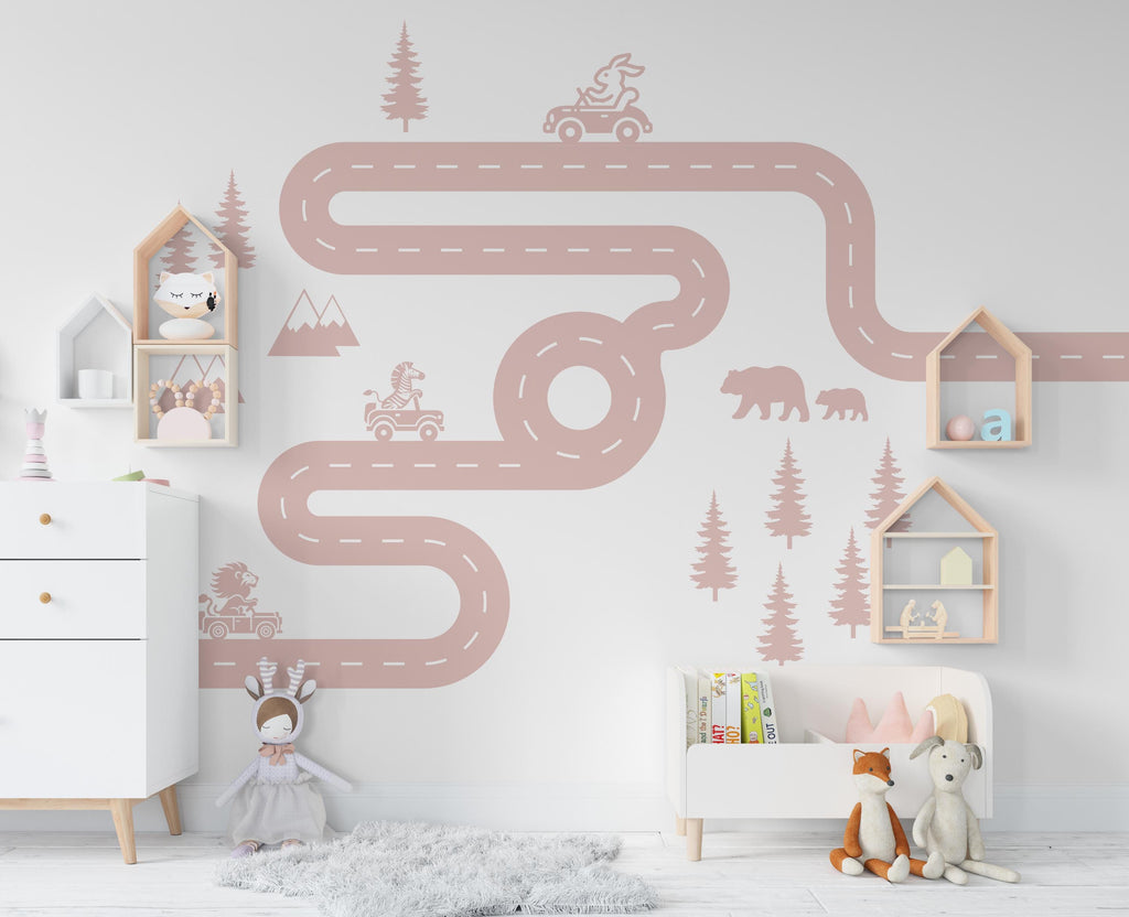 Road wind Wall Decal Highway Vinyl Sticker Track Route Wall Decor Kids Playroom Animals Boys Room Automotive Bedroom Mural Sticker 464RS