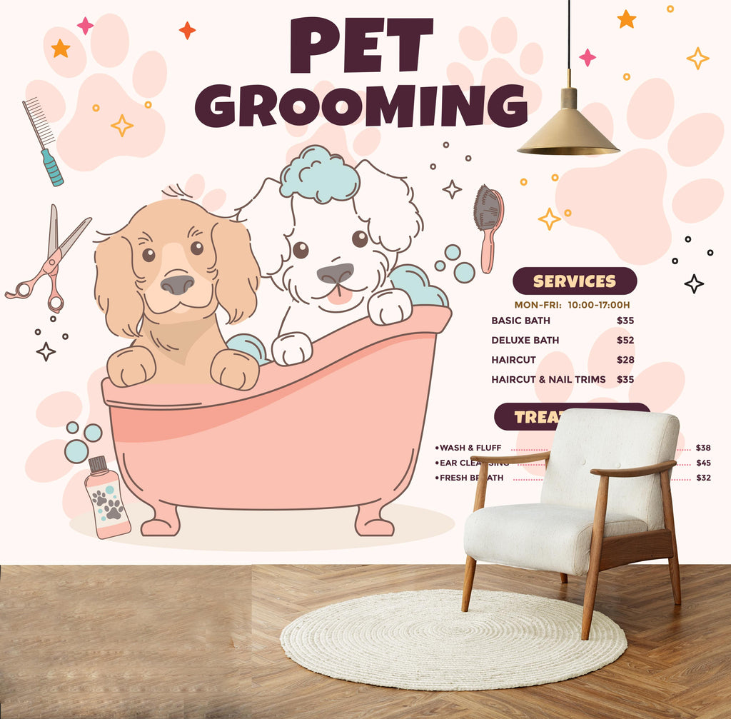 Pet Grooming Wall Graphics Peel and Stick Dog Cat Wallpaper Dog Grooming Self Adhesive Removable Pet Shop Veterinary Clinic Mural 472RS