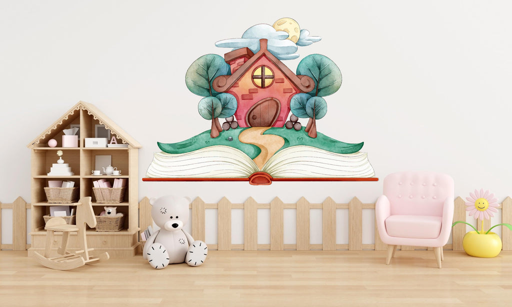 Library Book Fairytale House Tree Wall Art Decal, Library Wall Decal, Education Decals, Kids Room, Reading room, Nurseries, Kids Gifts 427LU