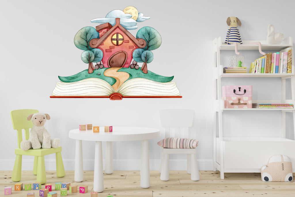Library Book Fairytale House Tree Wall Art Decal, Library Wall Decal, Education Decals, Kids Room, Reading room, Nurseries, Kids Gifts 427LU