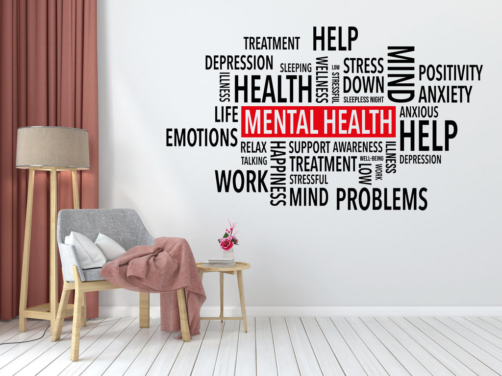 Mental Health Vinyl Wall Decal, Self Care Wall Decor, Mental Wellness Wall Art, Inspirational Word Cloud for Mental Health 430LU