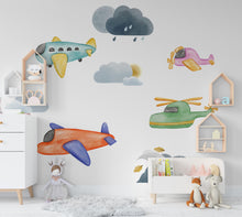 Load image into Gallery viewer, Airplane wall decal for Boys, Boys bedroom wall sticker, Watercolor Airplane and Clouds Decor Nursery Decals, Kids Wall Decals 474LU