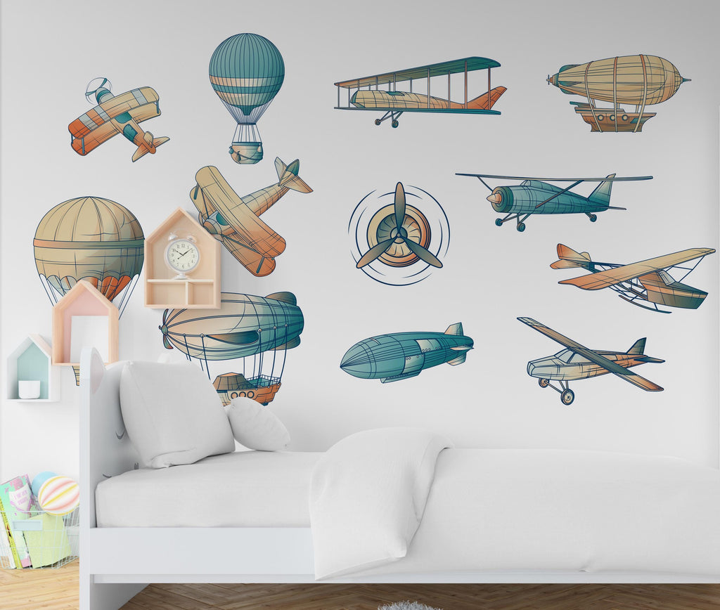 Vintage Aircraft Air Balloon Airplane wall decal , Boys bedroom wall sticker, Decoration for Nursery Kids Room, Kids Wall Decals 477LU