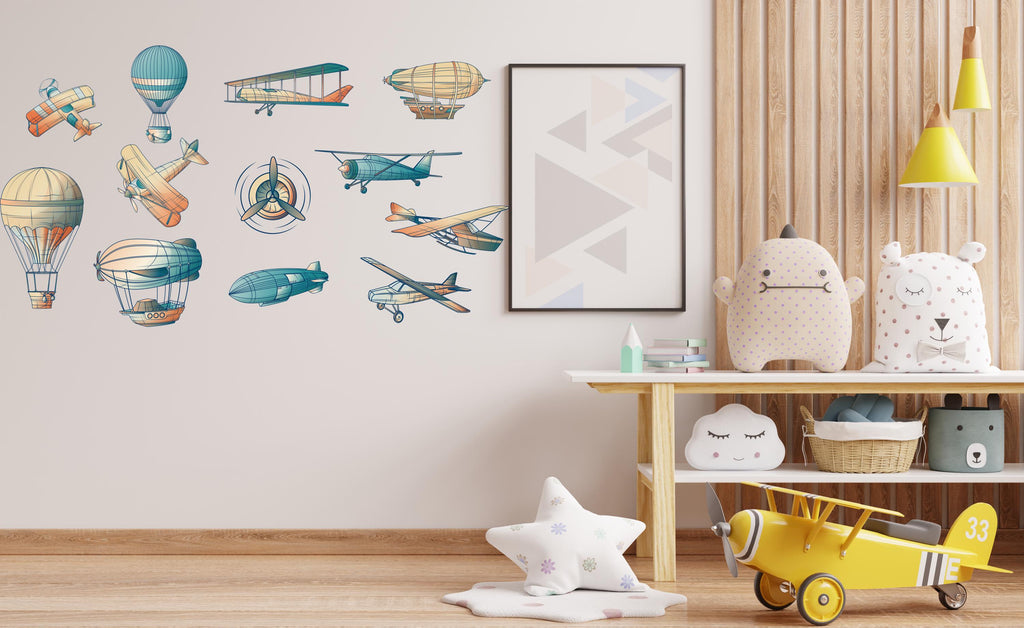 Vintage Aircraft Air Balloon Airplane wall decal , Boys bedroom wall sticker, Decoration for Nursery Kids Room, Kids Wall Decals 477LU