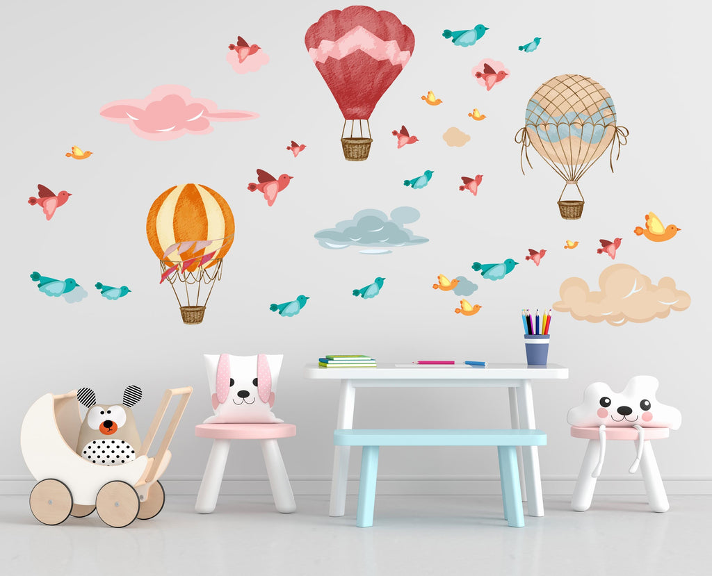Air Balloon Birds and Clouds Wall Decor, Nursery Decal Bird, Watercolor Stickers Birds, Hot air balloon wall decal, Clouds wall decal 483LU