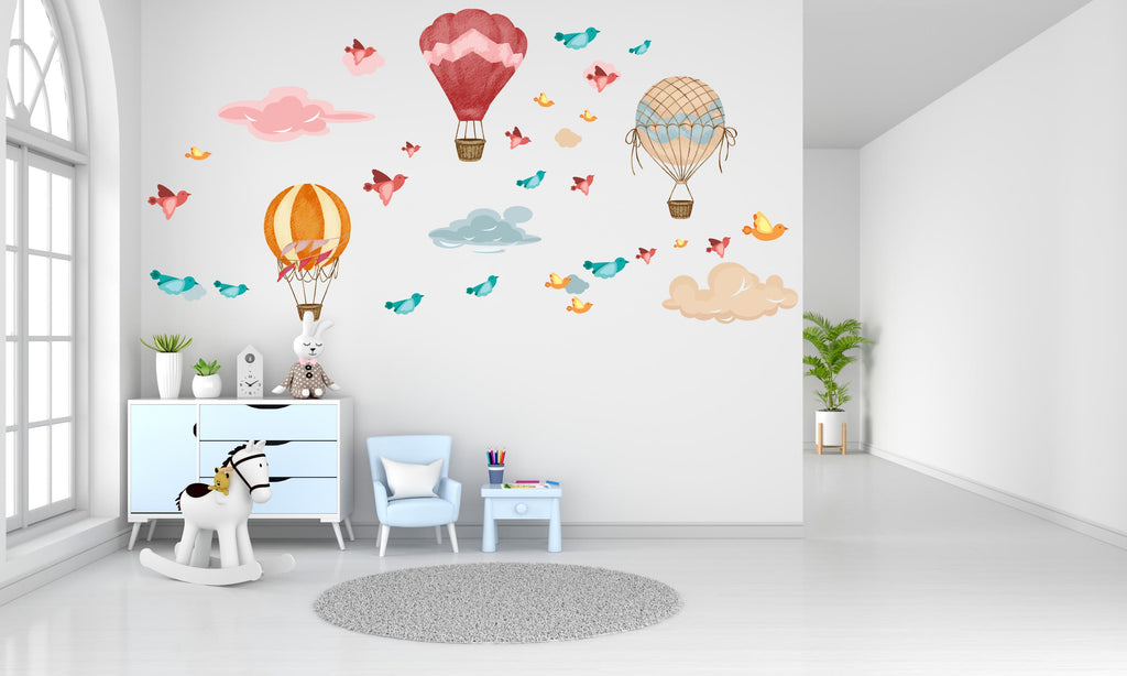 Air Balloon Birds and Clouds Wall Decor, Nursery Decal Bird, Watercolor Stickers Birds, Hot air balloon wall decal, Clouds wall decal 483LU