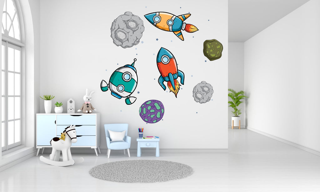 Space Wall Decals, Colorful Space Ships Asteroid Decor Nursery Decals, Planet Wall Decals, Stars, Planets, Astronaut, Kids Wall Decals 473LU