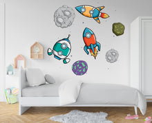 Load image into Gallery viewer, Space Wall Decals, Colorful Space Ships Asteroid Decor Nursery Decals, Planet Wall Decals, Stars, Planets, Astronaut, Kids Wall Decals 473LU