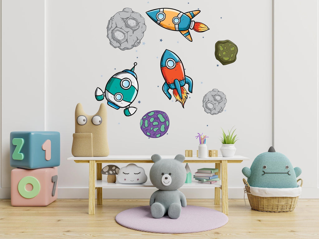 Colorful space ships and asteroid, Space Decor
