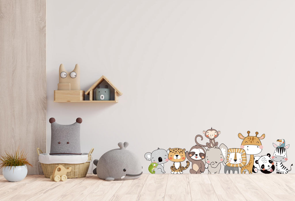 A charming collection of adorable baby animals! A koala, leopard, sloth, elephant, lion, giraffe, panda, and zebra, along with a monkey and toucan, create a delightful scene.