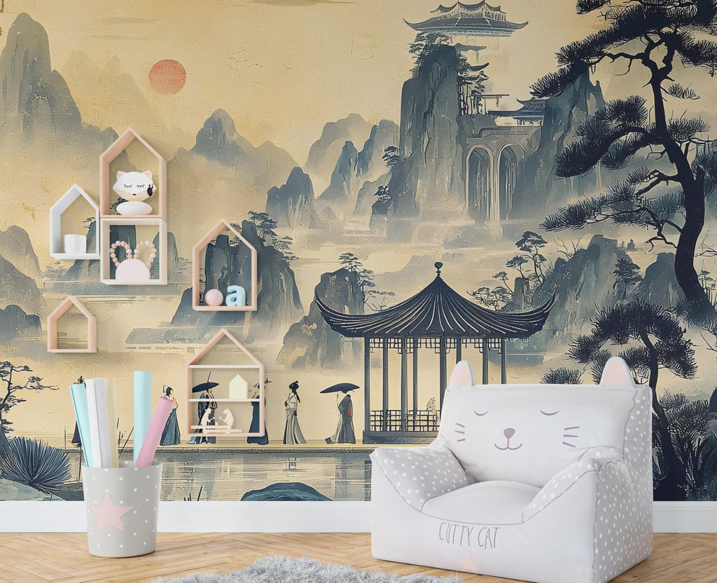 Japanese Nature Wallpaper Wall Graphics Japanese Pagoda Peel and Stick Girl room Wallpaper Self Japan Traditional Pattern 519RS