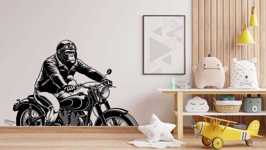 Gorilla on a Motorcycle Wall Decal - Unique Decor for Kid's Rooms and Playrooms, Fun Wall Decor, Riding a Motorcycle, Rider wall decal 508LU