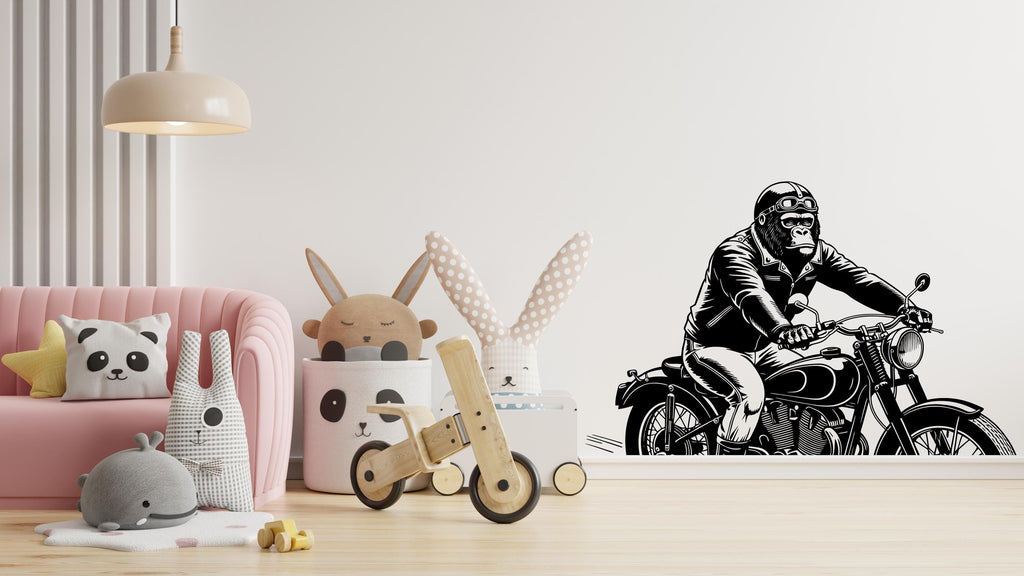 Gorilla on a Motorcycle Wall Decal - Unique Decor for Kid's Rooms and Playrooms, Fun Wall Decor, Riding a Motorcycle, Rider wall decal 508LU