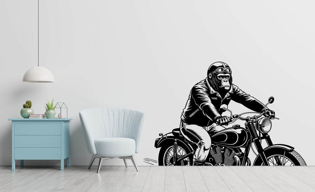 Fun and Vibrant artwork of a gorilla enjoying a ride on a motorcycle, ideal for animal lovers and riding a motorcycle lovers.