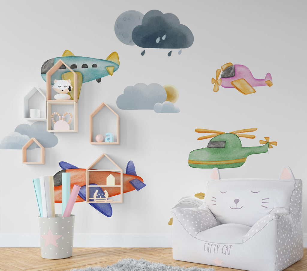 Airplane wall decal for Boys, Boys bedroom wall sticker, Watercolor Airplane and Clouds Decor Nursery Decals, Kids Wall Decals 474LU
