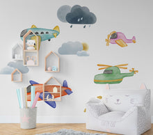Load image into Gallery viewer, Airplane wall decal for Boys, Boys bedroom wall sticker, Watercolor Airplane and Clouds Decor Nursery Decals, Kids Wall Decals 474LU