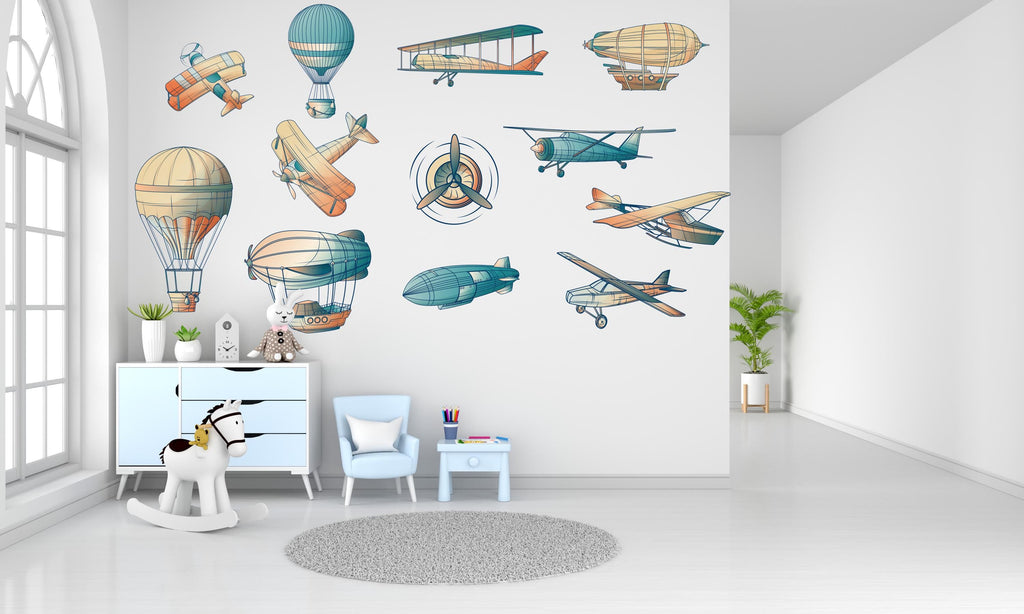 Vintage Aircraft Air Balloon Airplane wall decal , Boys bedroom wall sticker, Decoration for Nursery Kids Room, Kids Wall Decals 477LU