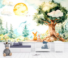 Load image into Gallery viewer, Watercolor wallpaper, cute forest scene with trees and rabbits under the sun, perfect for a kids' room wallpaper mural vn001