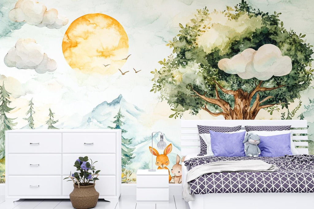 Watercolor wallpaper, cute forest scene with trees and rabbits under the sun, perfect for a kids' room wallpaper mural vn001