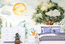 Load image into Gallery viewer, Watercolor wallpaper, cute forest scene with trees and rabbits under the sun, perfect for a kids' room wallpaper mural vn001