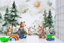 Load image into Gallery viewer, Forest Watercolor Wallpaper, Forest Decal, Bear and Rabbits Wallpaper Sticker, perfect for a kids' room wallpaper mural vn002