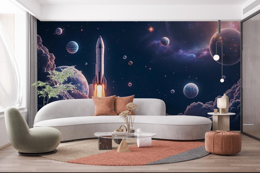 Galaxy Planet Wall Graphics Rocket Peel and Stick Girl room Wallpaper Nursery Self Adhesive Milkly Way nursery Stars wall decor Mural 523RS