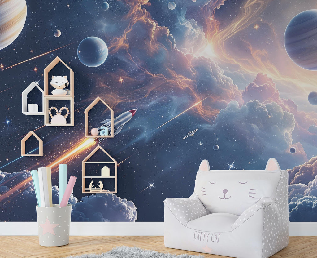 Galaxy Planet Wall Graphics Rocket Peel and Stick Girl room Wallpaper Nursery Self Adhesive Milkly Way nursery Stars wall decor Mural 524RS