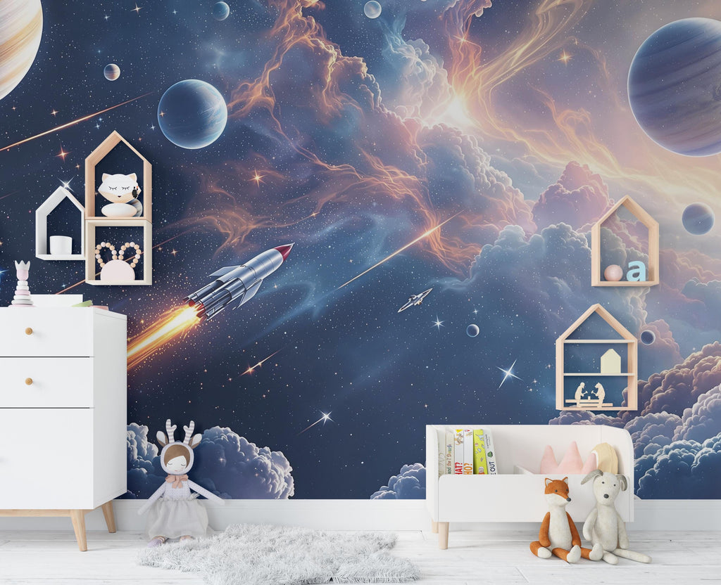 Galaxy Planet Wall Graphics Rocket Peel and Stick Girl room Wallpaper Nursery Self Adhesive Milkly Way nursery Stars wall decor Mural 524RS