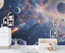 Load image into Gallery viewer, Galaxy Planet Wall Graphics Rocket Peel and Stick Girl room Wallpaper Nursery Self Adhesive Milkly Way nursery Stars wall decor Mural 524RS