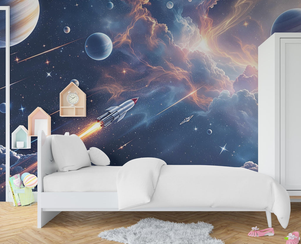 Galaxy Planet Wall Graphics Rocket Peel and Stick Girl room Wallpaper Nursery Self Adhesive Milkly Way nursery Stars wall decor Mural 524RS