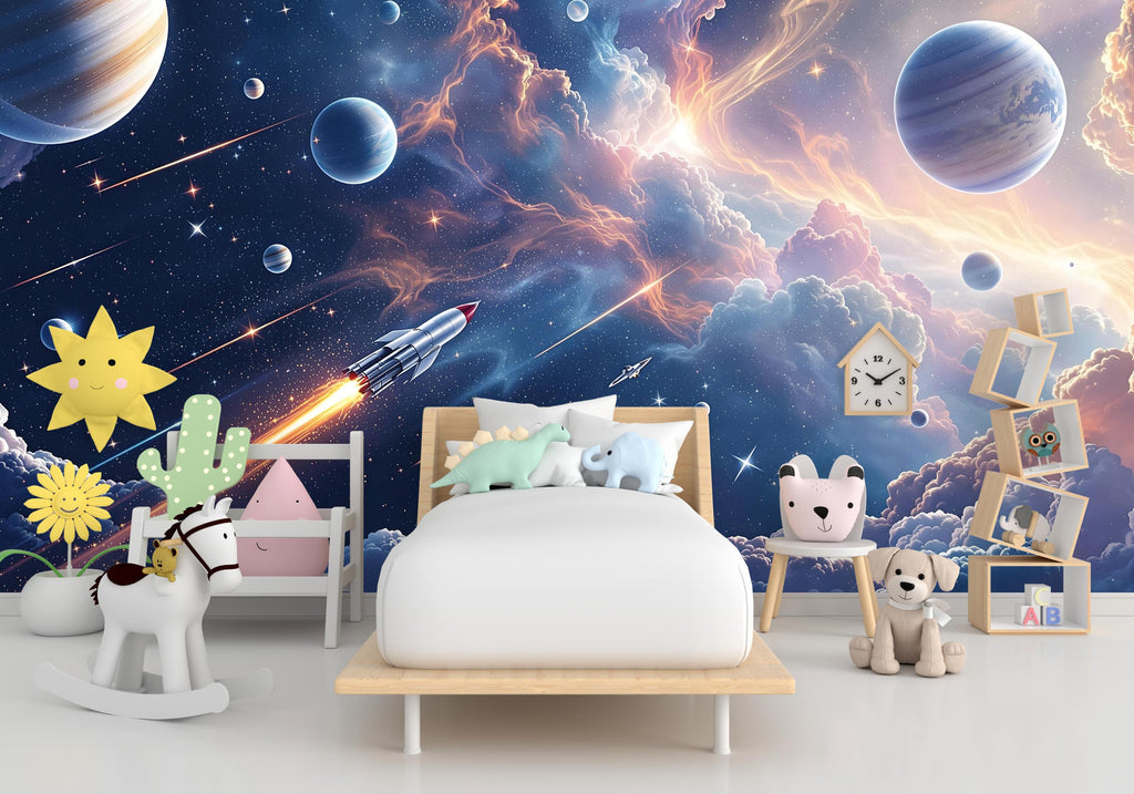 Galaxy Planet Wall Graphics Rocket Peel and Stick Girl room Wallpaper Nursery Self Adhesive Milkly Way nursery Stars wall decor Mural 524RS