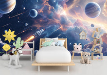 Load image into Gallery viewer, Galaxy Planet Wall Graphics Rocket Peel and Stick Girl room Wallpaper Nursery Self Adhesive Milkly Way nursery Stars wall decor Mural 524RS